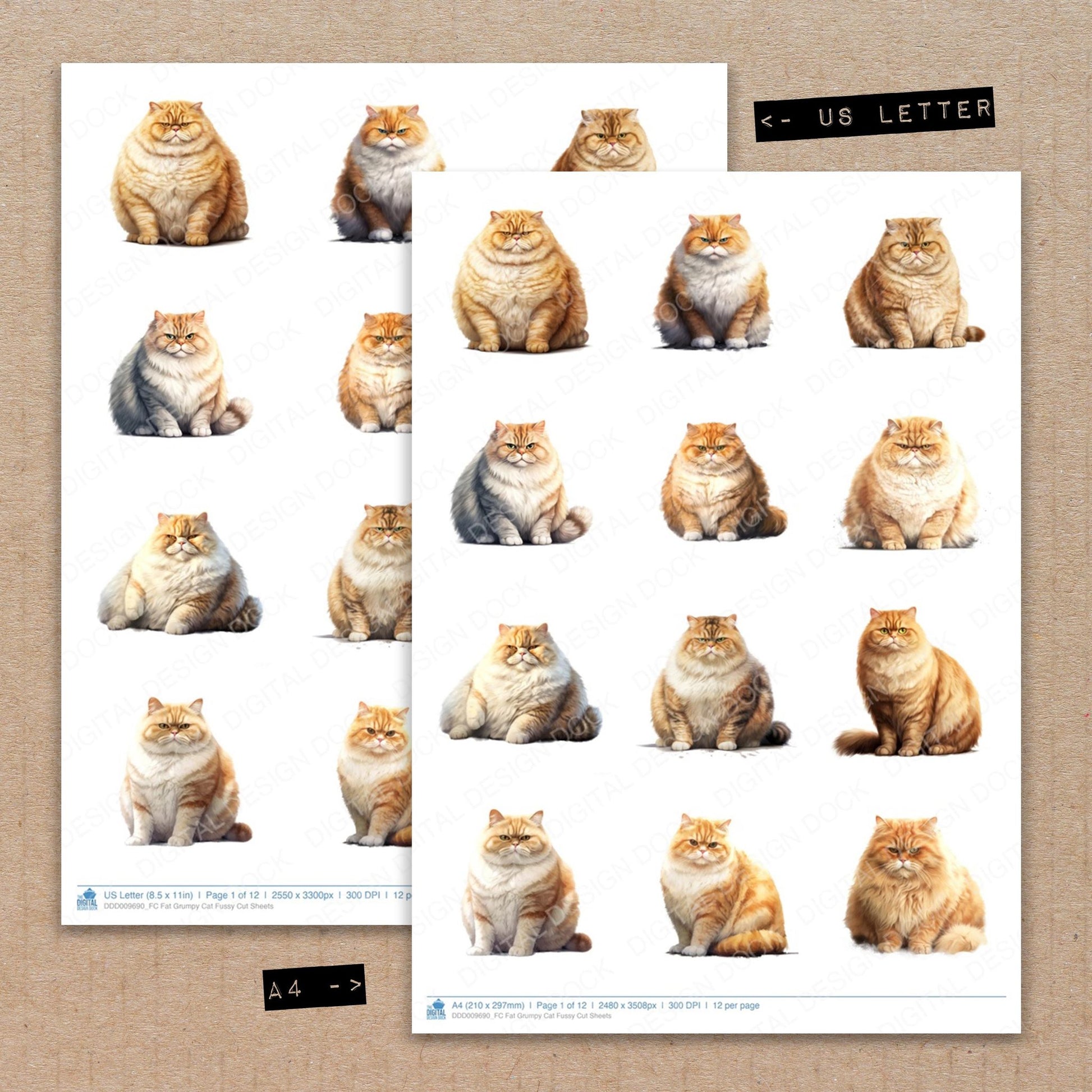 A4 and US Letter format comparison showing Fat Grumpy Cat fussy cut pages for print and cut crafting