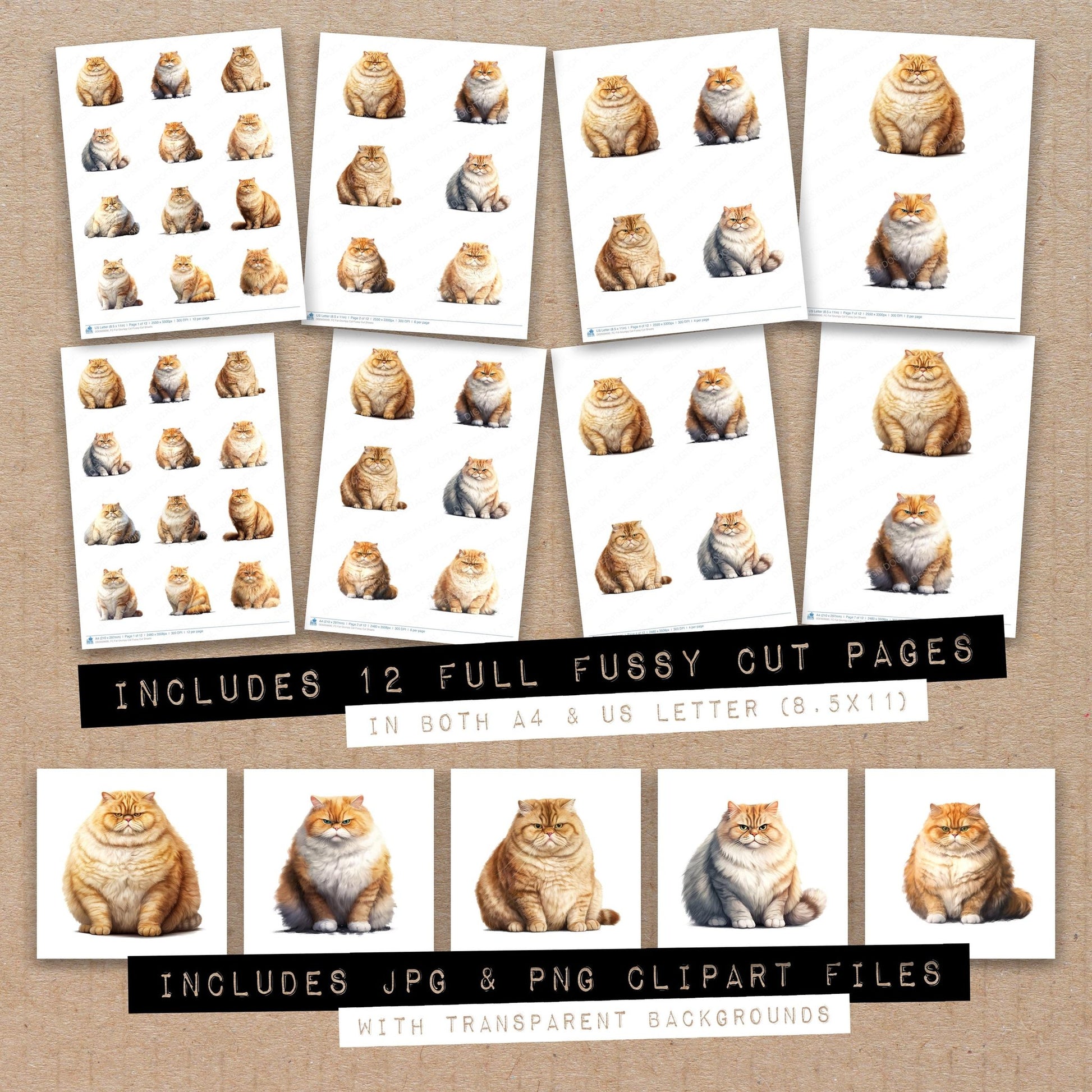 Full collection view of Fat Grumpy Cat fussy cut sheets with bonus clipart JPG and PNG files