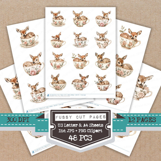 Fawn in Rose Teacup fussy cut printable sheets for junk journaling, scrapbooking, and paper craft projects