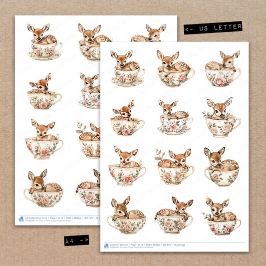 A4 and US Letter format comparison showing Fawn in Rose Teacup fussy cut pages for print and cut crafting