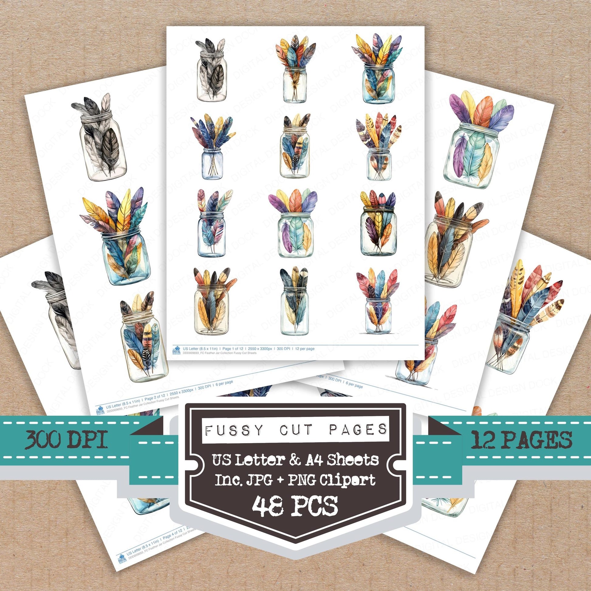 Feather Jar Collection fussy cut printable sheets for junk journaling, scrapbooking, and paper craft projects