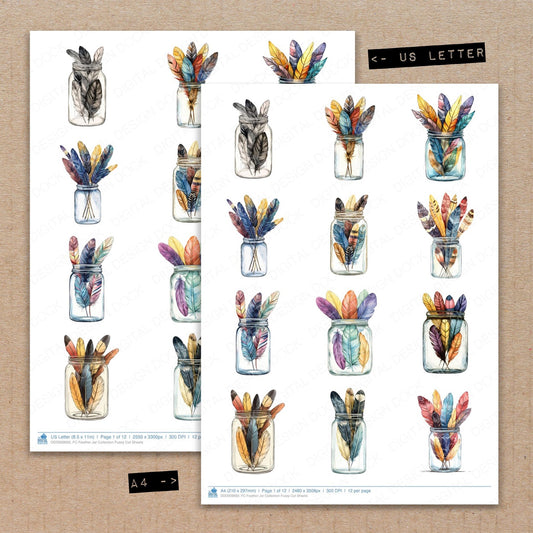 A4 and US Letter format comparison showing Feather Jar Collection fussy cut pages for print and cut crafting
