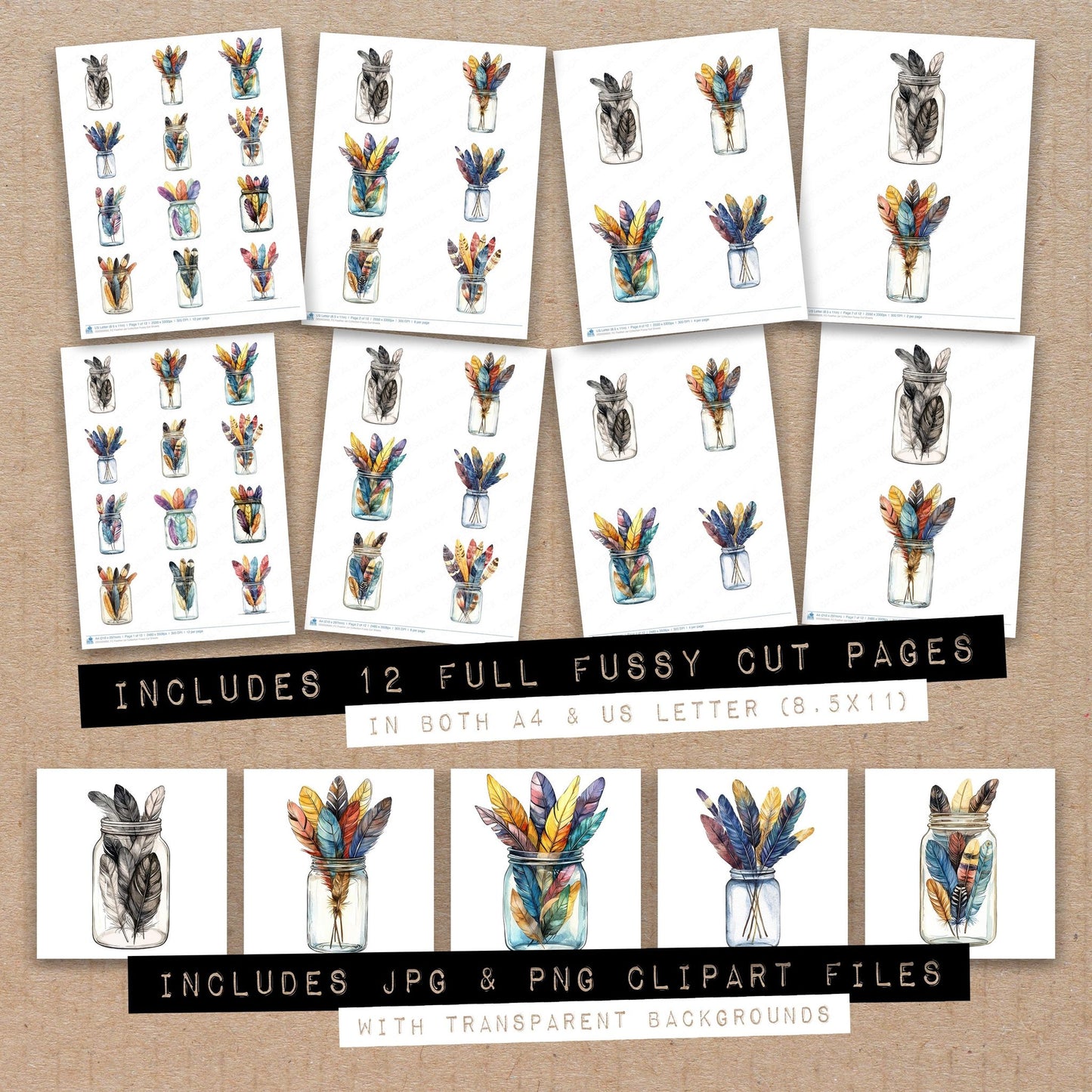 Full collection view of Feather Jar Collection fussy cut sheets with bonus clipart JPG and PNG files