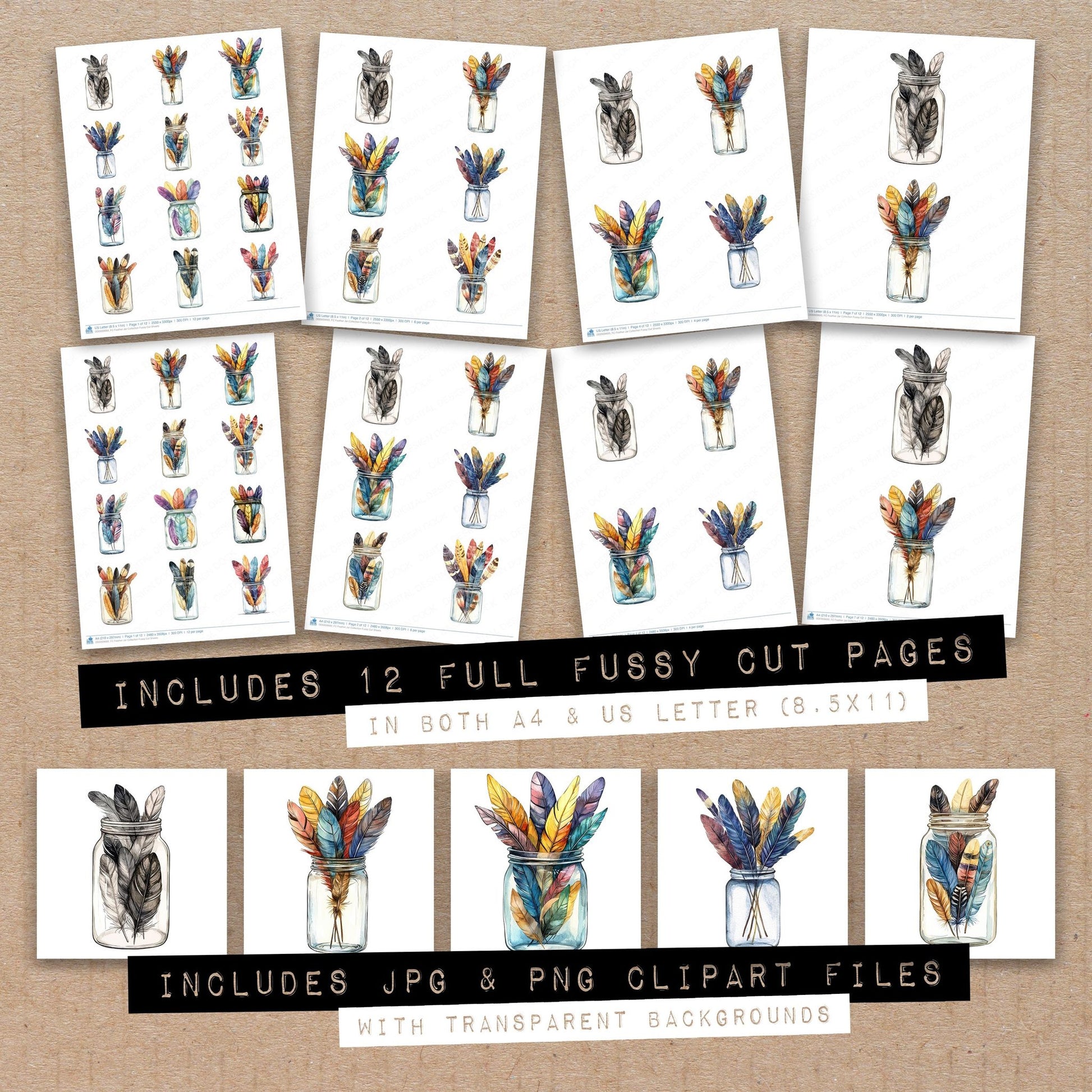 Full collection view of Feather Jar Collection fussy cut sheets with bonus clipart JPG and PNG files