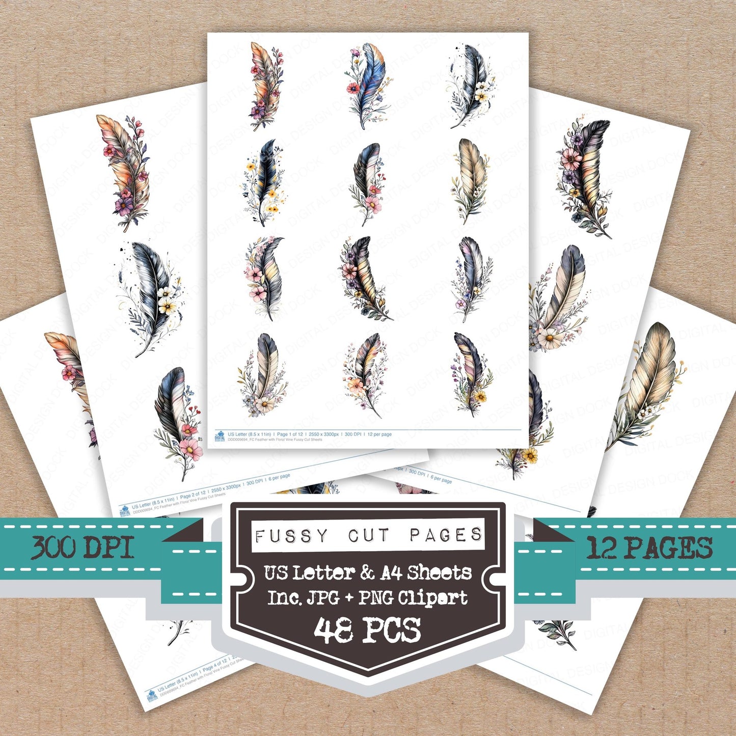Feather with Floral Vine fussy cut printable sheets for junk journaling, scrapbooking, and paper craft projects