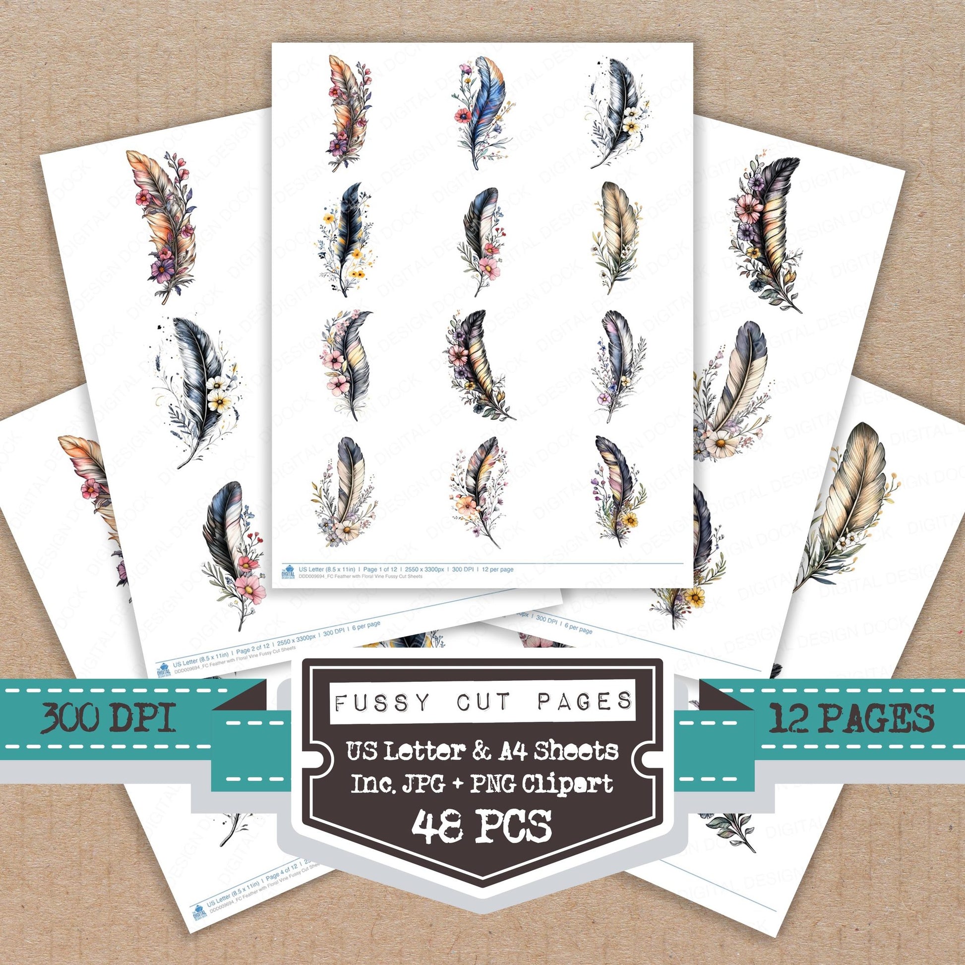 Feather with Floral Vine fussy cut printable sheets for junk journaling, scrapbooking, and paper craft projects