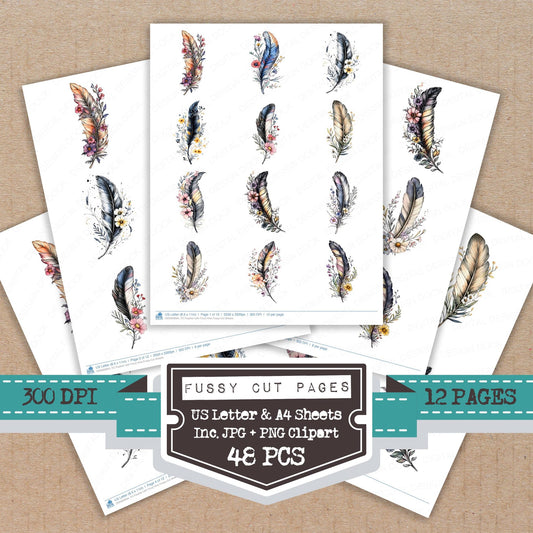 Feather with Floral Vine fussy cut printable sheets for junk journaling, scrapbooking, and paper craft projects