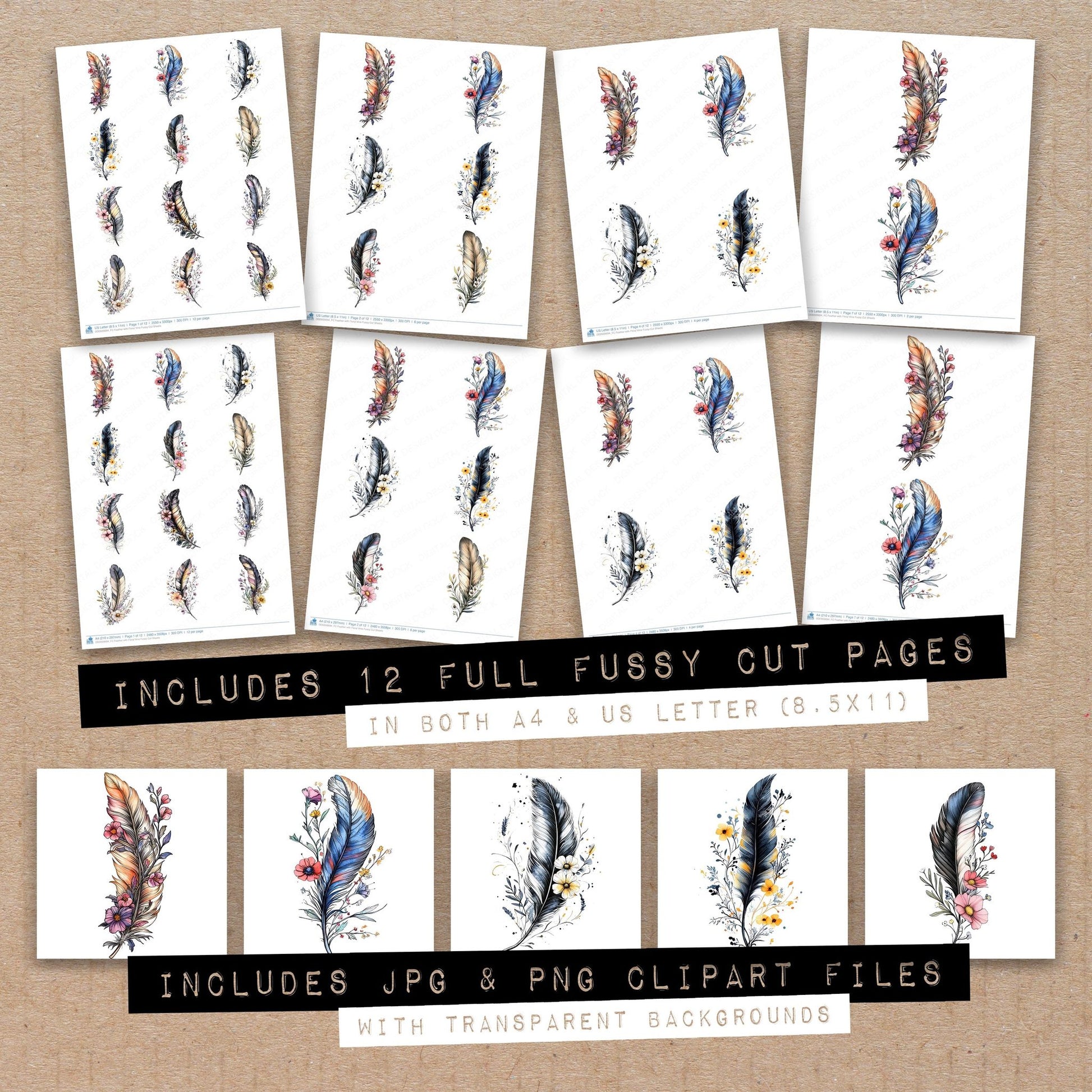 Full collection view of Feather with Floral Vine fussy cut sheets with bonus clipart JPG and PNG files