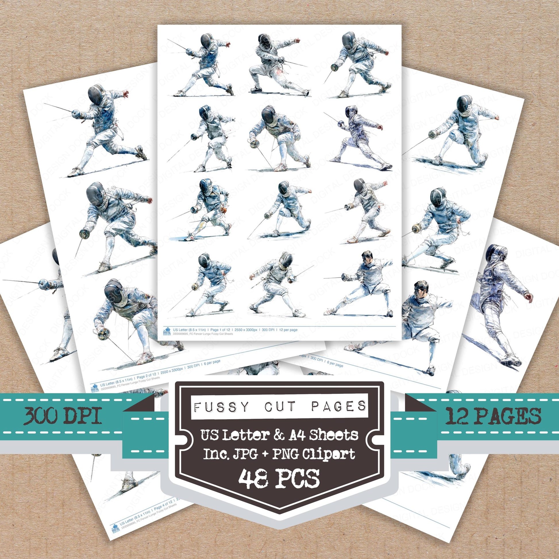 Fencer Lunge fussy cut printable sheets for junk journaling, scrapbooking, and paper craft projects