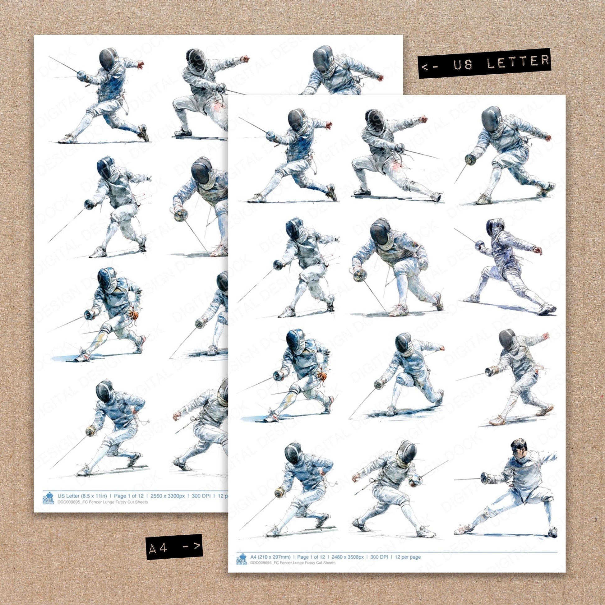 A4 and US Letter format comparison showing Fencer Lunge fussy cut pages for print and cut crafting