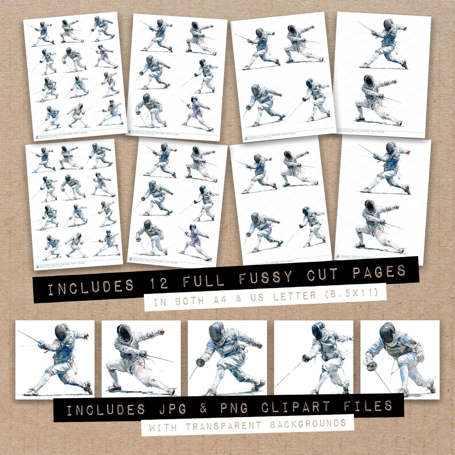 Full collection view of Fencer Lunge fussy cut sheets with bonus clipart JPG and PNG files