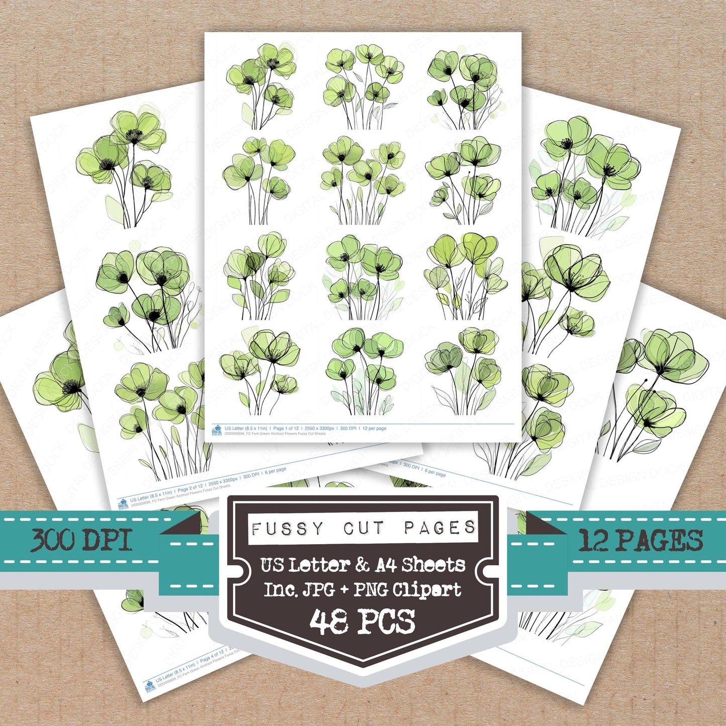 Fern Green Abstract Flowers Fussy Cut Sheets (DDD009696)