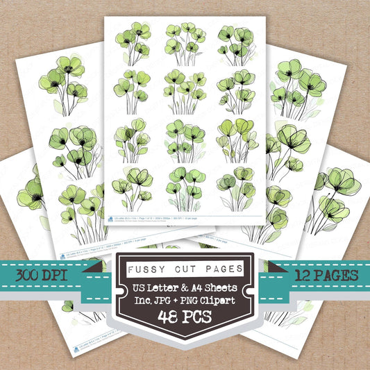 Fern Green Abstract Flowers Fussy Cut Sheets (DDD009696)