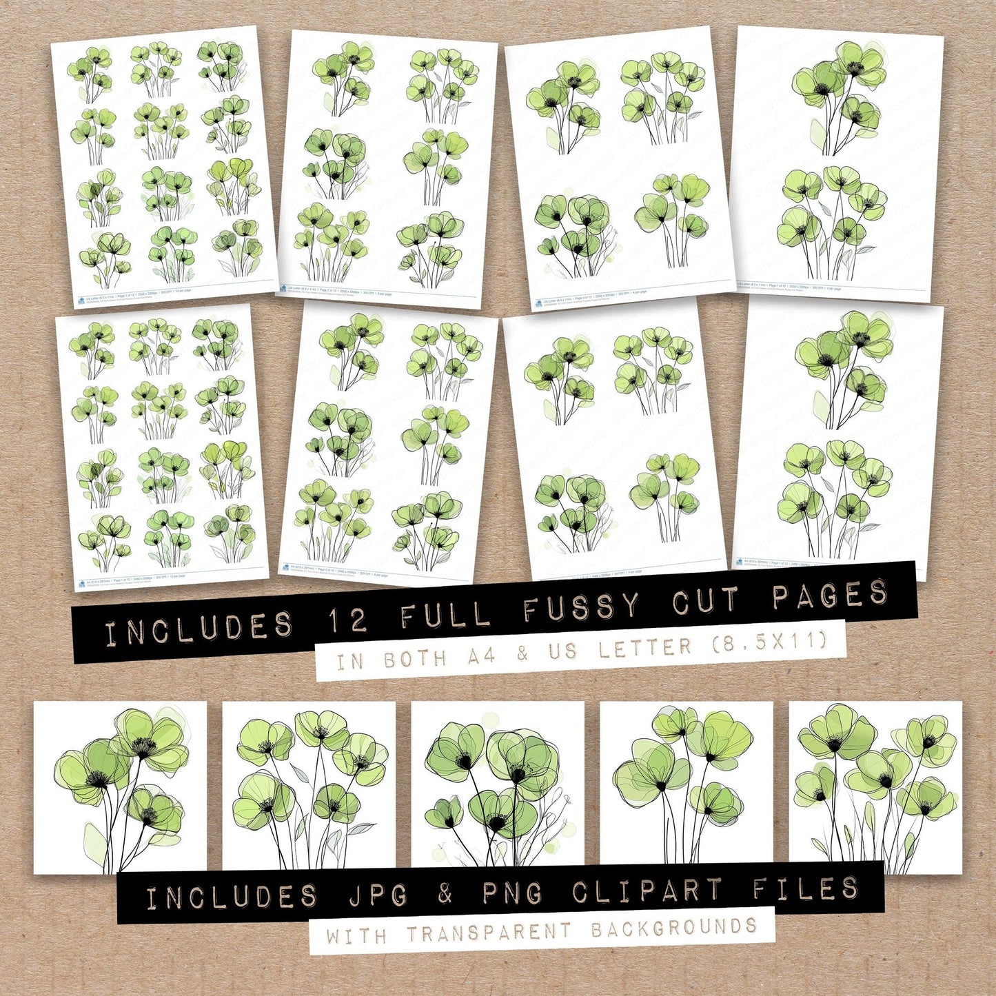 Fern Green Abstract Flowers Fussy Cut Sheets (DDD009696)