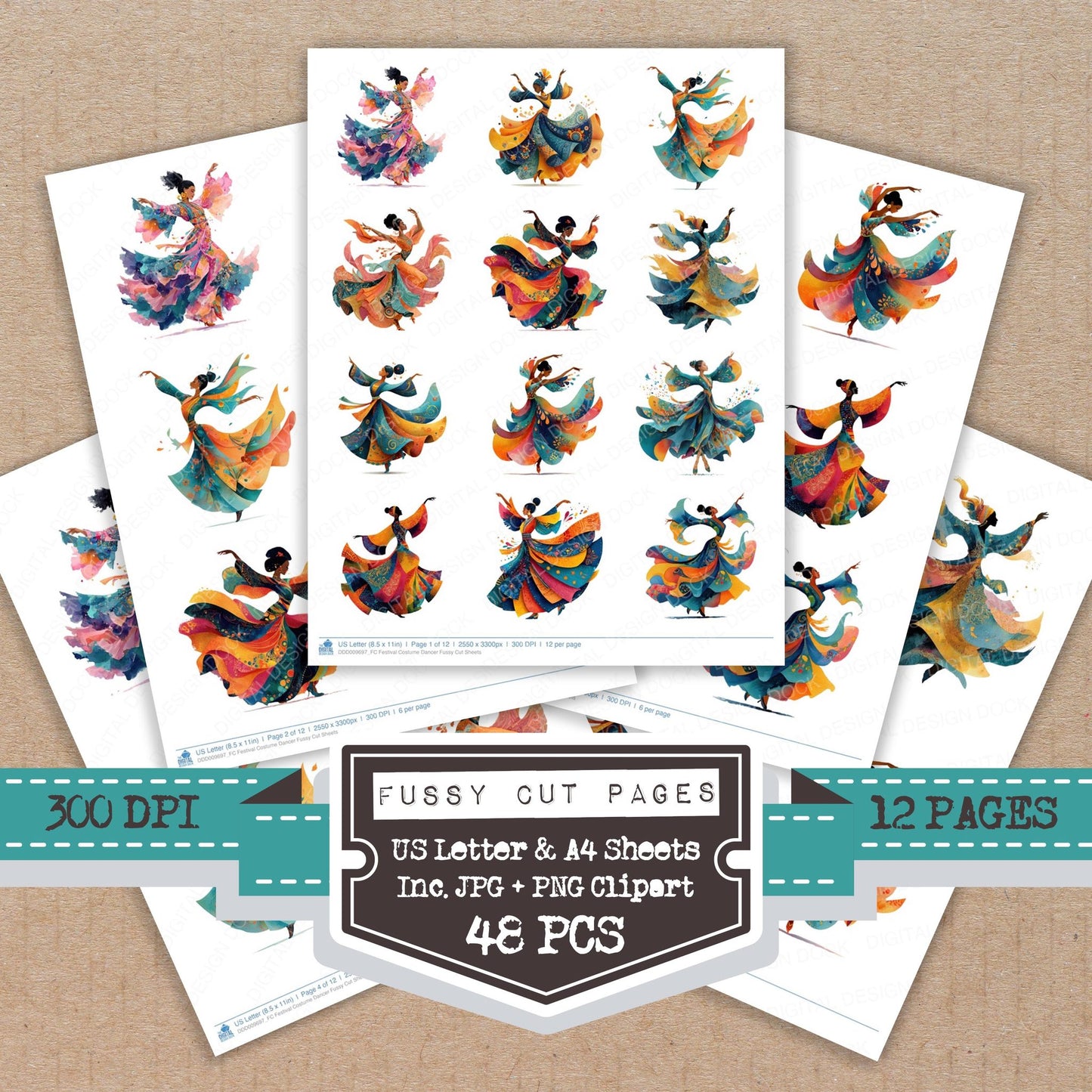 Festival Costume Dancer fussy cut printable sheets for junk journaling, scrapbooking, and paper craft projects