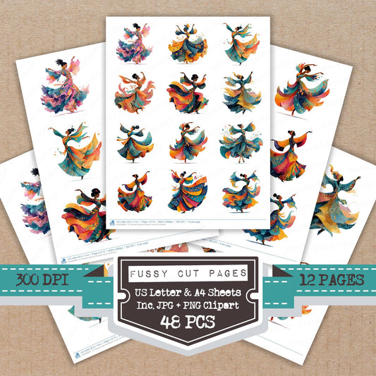 Festival Costume Dancer fussy cut printable sheets for junk journaling, scrapbooking, and paper craft projects