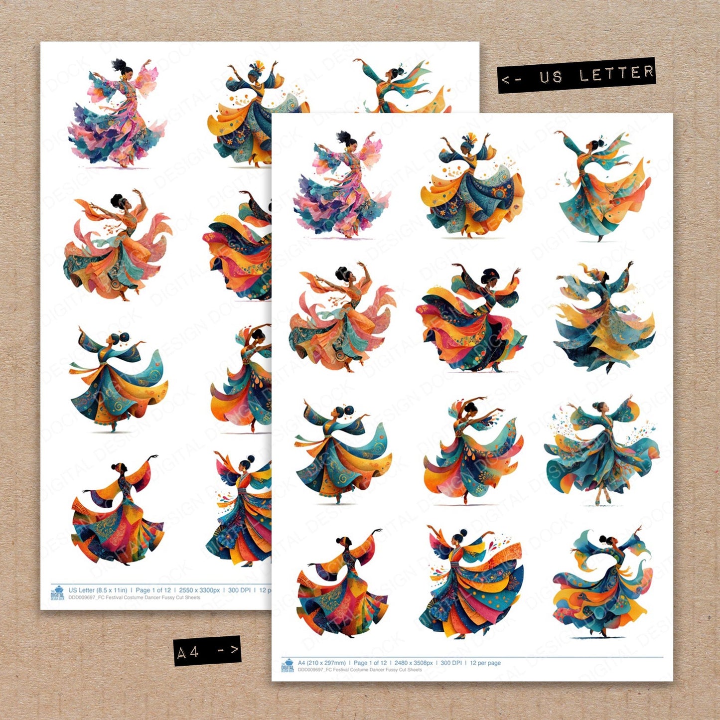 A4 and US Letter format comparison showing Festival Costume Dancer fussy cut pages for print and cut crafting