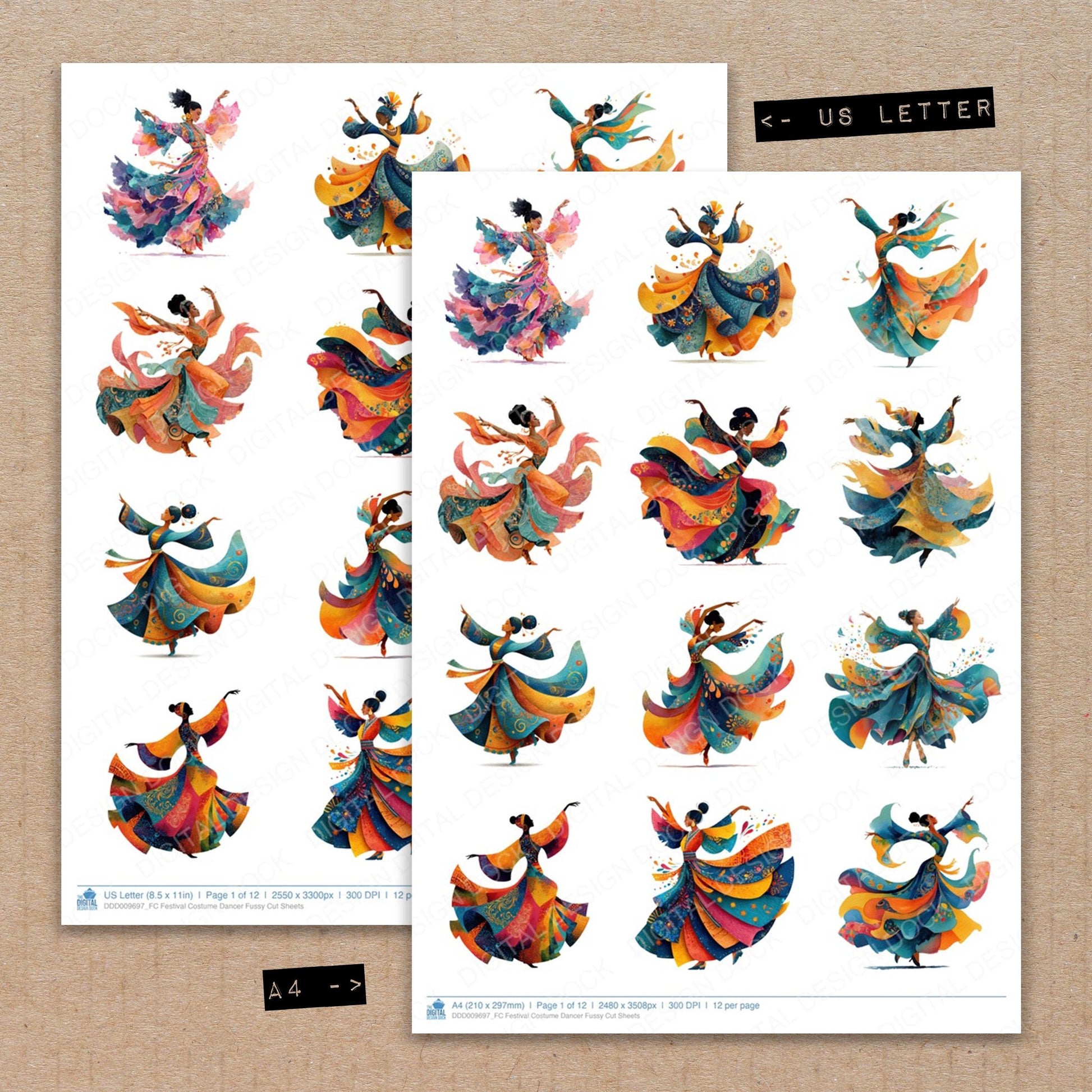 A4 and US Letter format comparison showing Festival Costume Dancer fussy cut pages for print and cut crafting