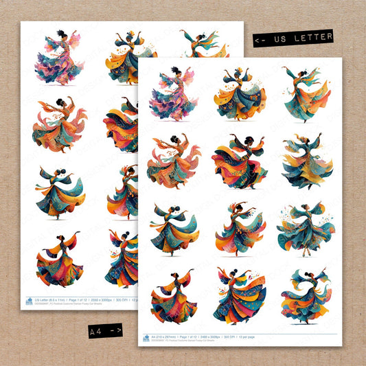 A4 and US Letter format comparison showing Festival Costume Dancer fussy cut pages for print and cut crafting