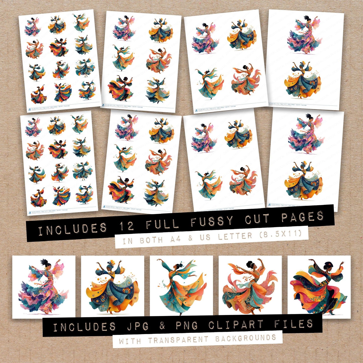 Full collection view of Festival Costume Dancer fussy cut sheets with bonus clipart JPG and PNG files
