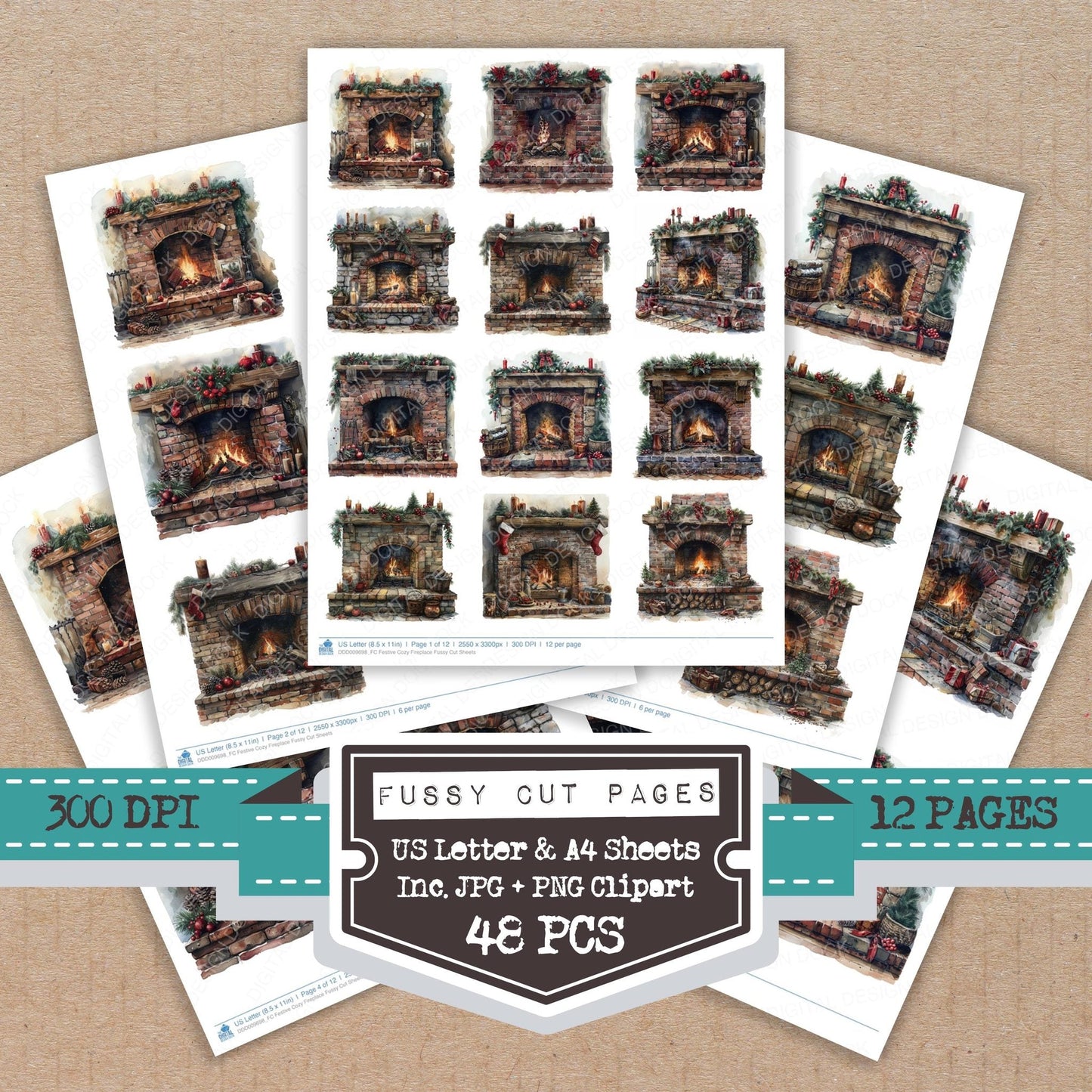 Festive Cozy Fireplace Fussy Cut Sheets (DDD009698)