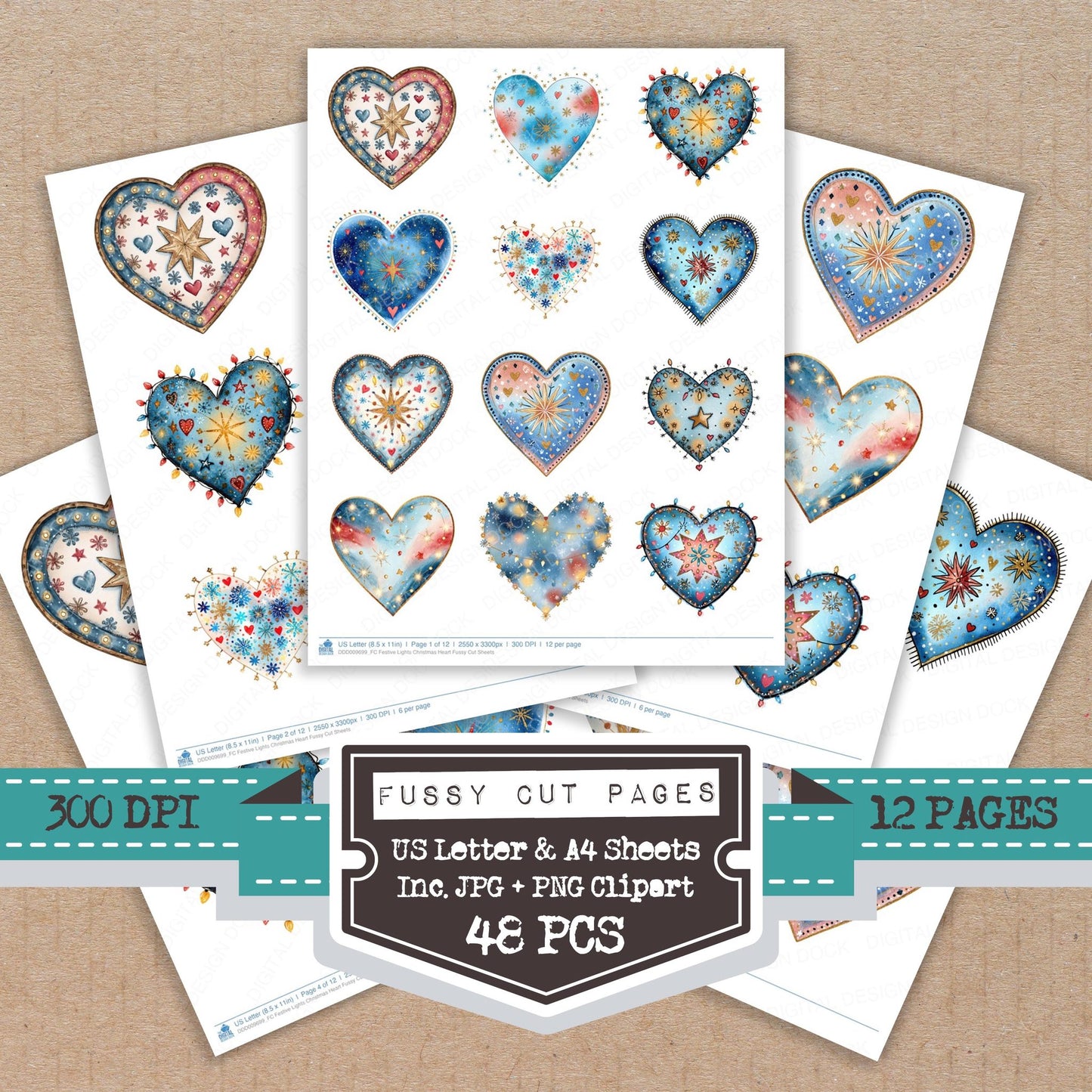 Festive Lights Christmas Heart fussy cut printable sheets for junk journaling, scrapbooking, and paper craft projects