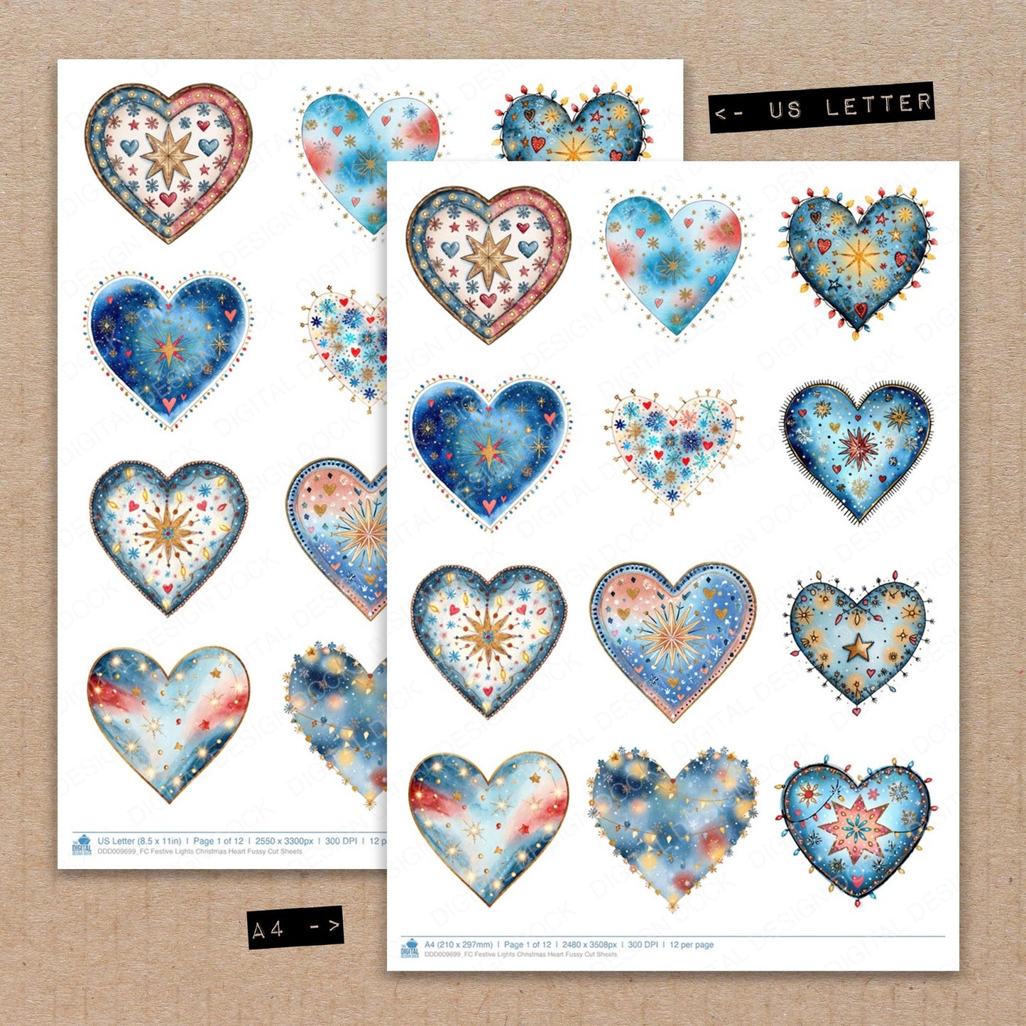 A4 and US Letter format comparison showing Festive Lights Christmas Heart fussy cut pages for print and cut crafting