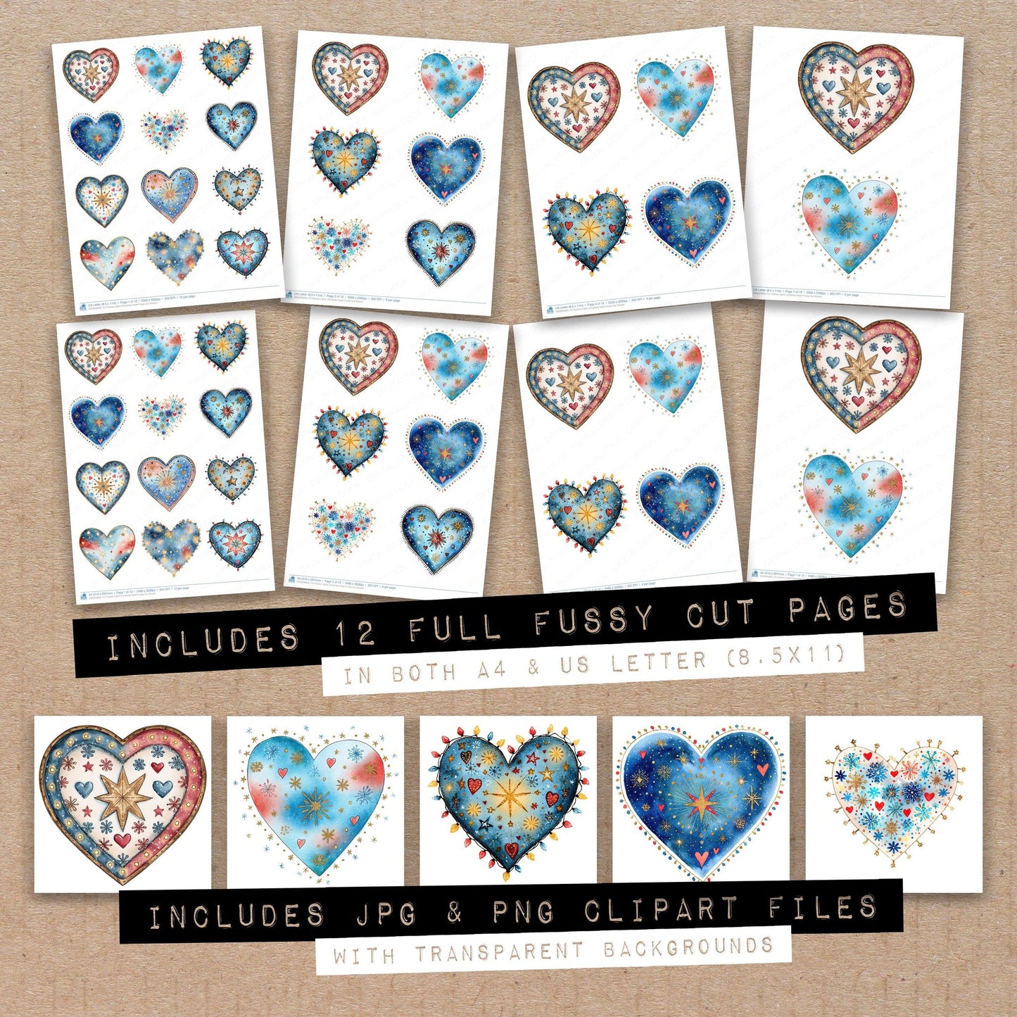 Full collection view of Festive Lights Christmas Heart fussy cut sheets with bonus clipart JPG and PNG files
