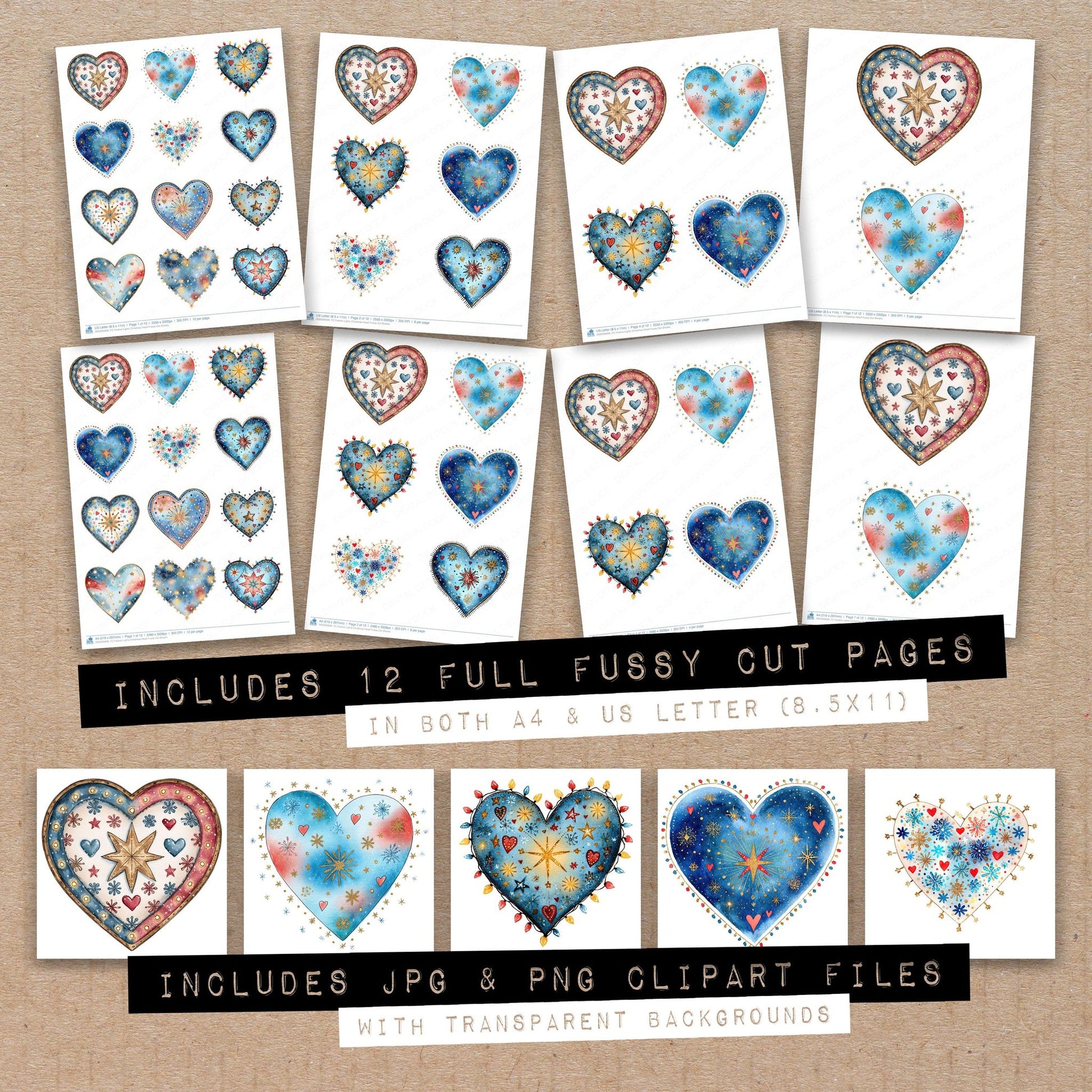 Full collection view of Festive Lights Christmas Heart fussy cut sheets with bonus clipart JPG and PNG files