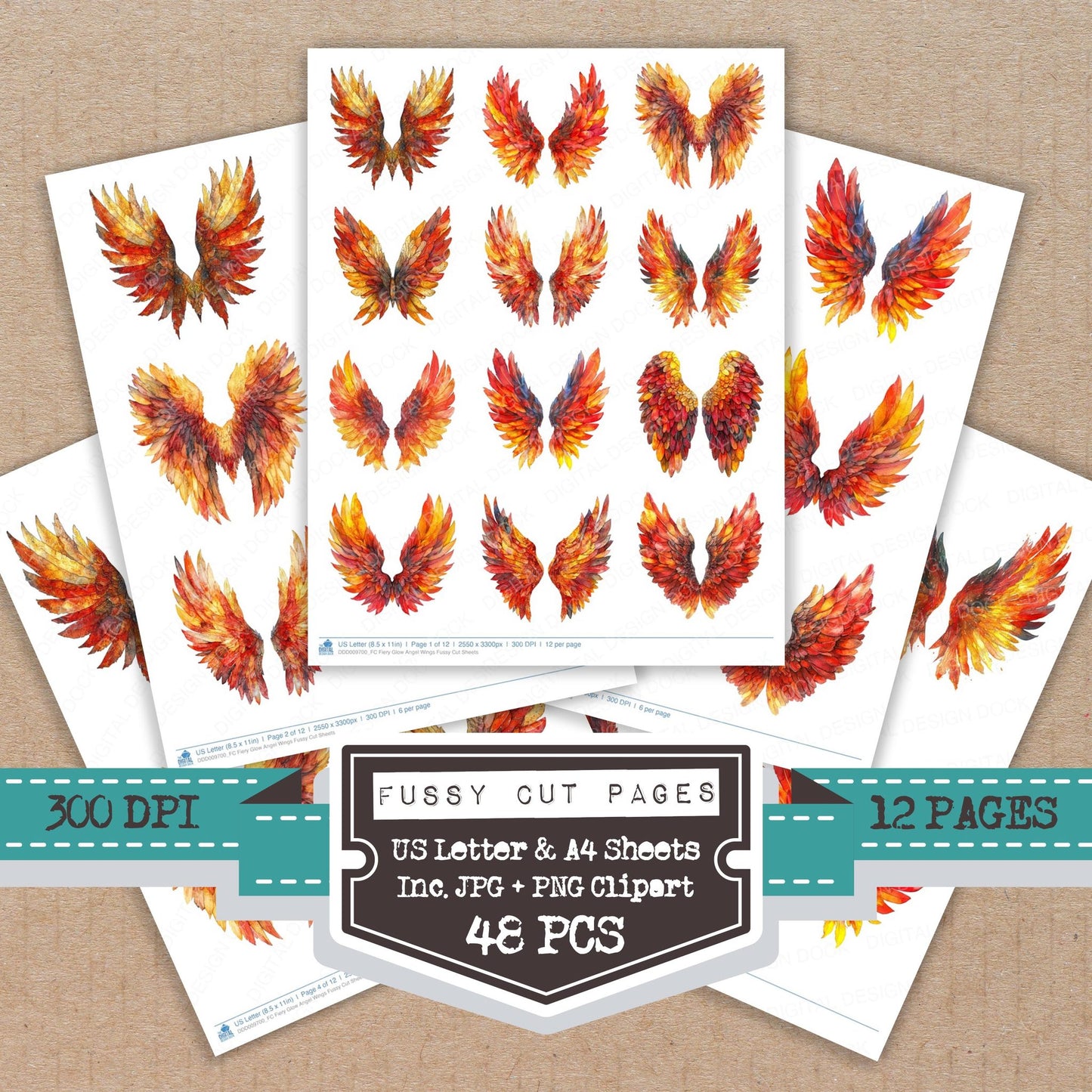Fiery Glow Angel Wings fussy cut printable sheets for junk journaling, scrapbooking, and paper craft projects