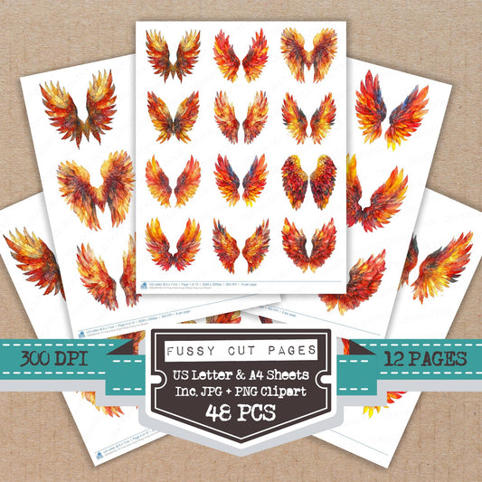 Fiery Glow Angel Wings fussy cut printable sheets for junk journaling, scrapbooking, and paper craft projects