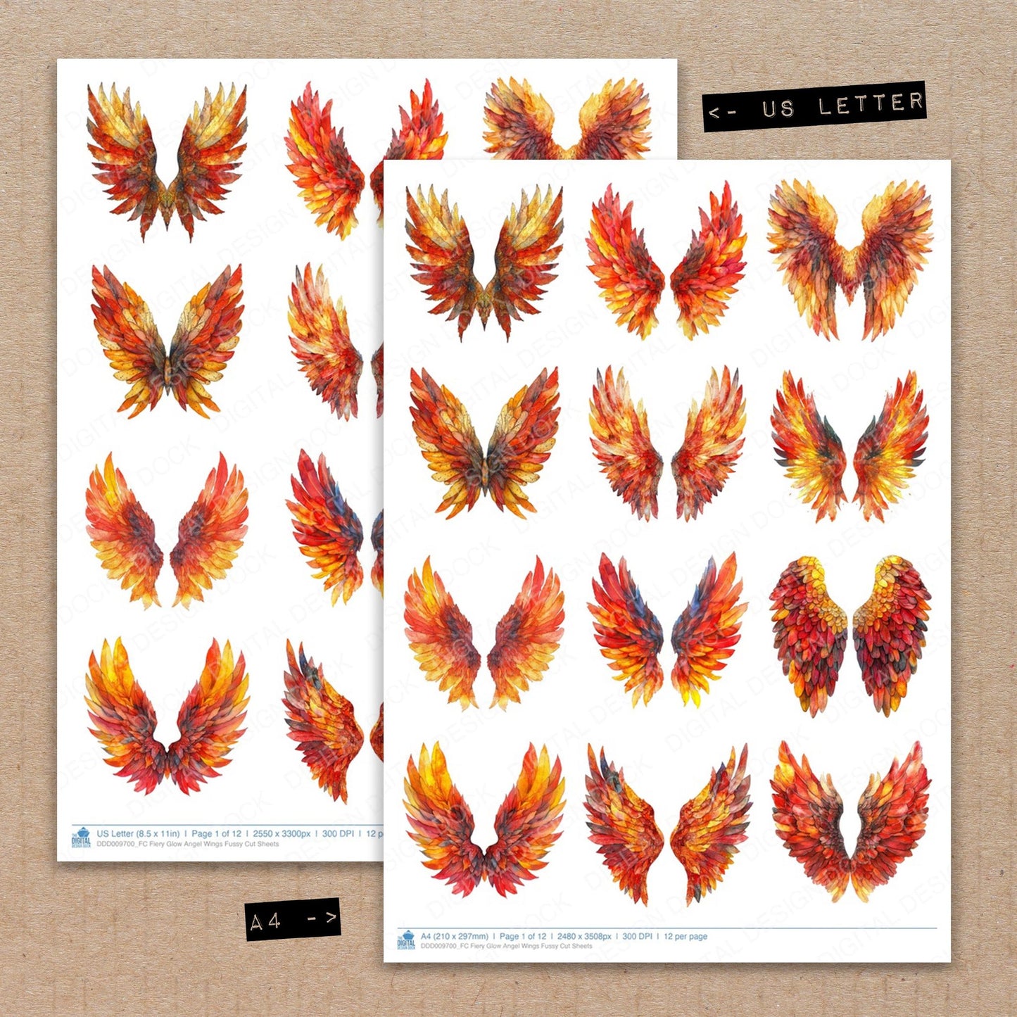 A4 and US Letter format comparison showing Fiery Glow Angel Wings fussy cut pages for print and cut crafting