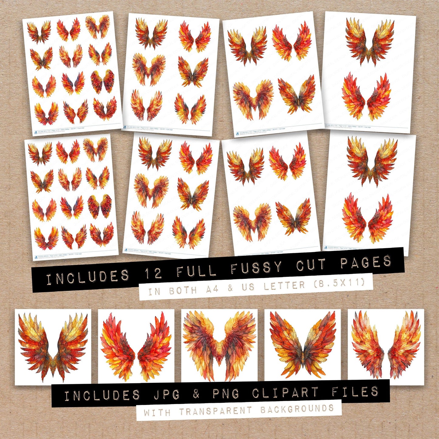 Full collection view of Fiery Glow Angel Wings fussy cut sheets with bonus clipart JPG and PNG files