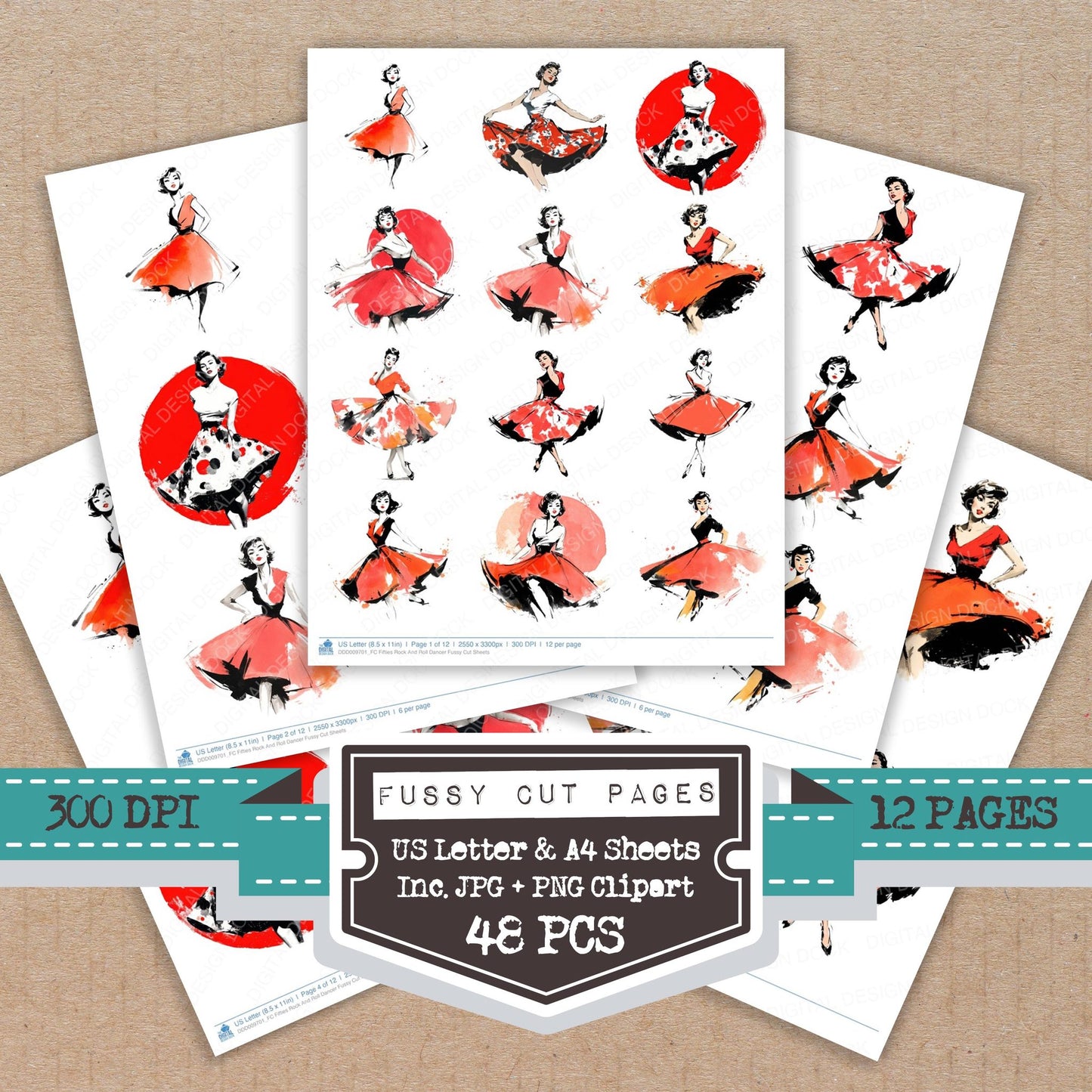Fifties Rock And Roll Dancer fussy cut printable sheets for junk journaling, scrapbooking, and paper craft projects