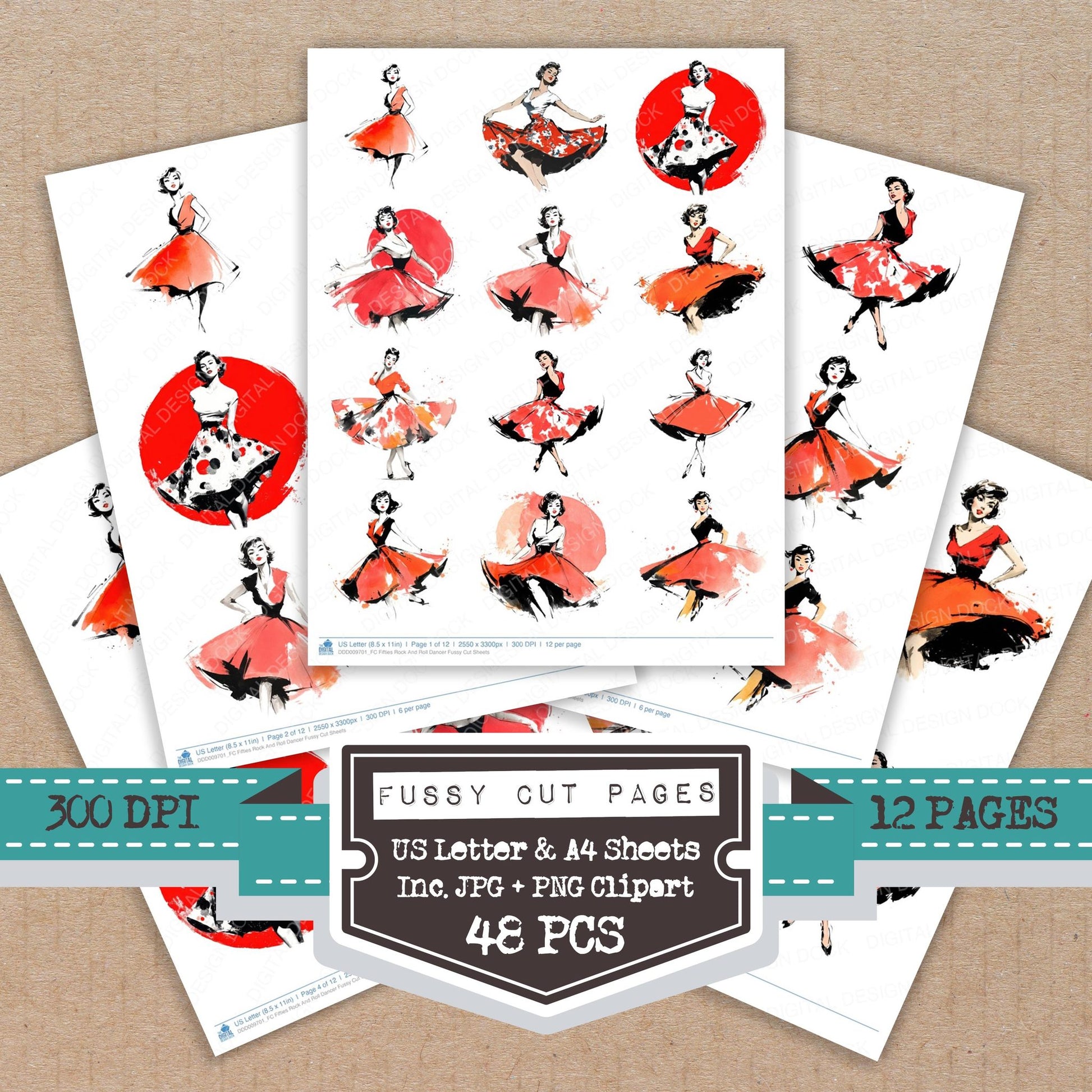 Fifties Rock And Roll Dancer fussy cut printable sheets for junk journaling, scrapbooking, and paper craft projects
