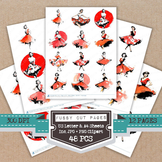 Fifties Rock And Roll Dancer fussy cut printable sheets for junk journaling, scrapbooking, and paper craft projects