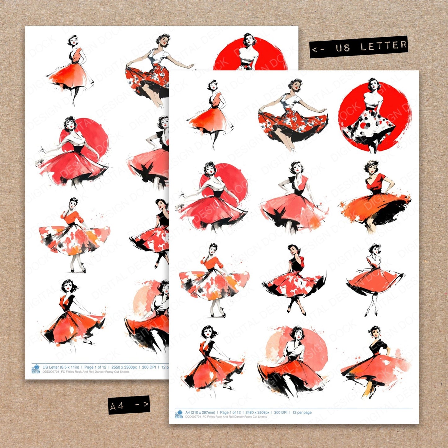 A4 and US Letter format comparison showing Fifties Rock And Roll Dancer fussy cut pages for print and cut crafting