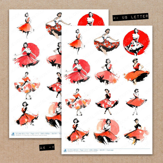 A4 and US Letter format comparison showing Fifties Rock And Roll Dancer fussy cut pages for print and cut crafting