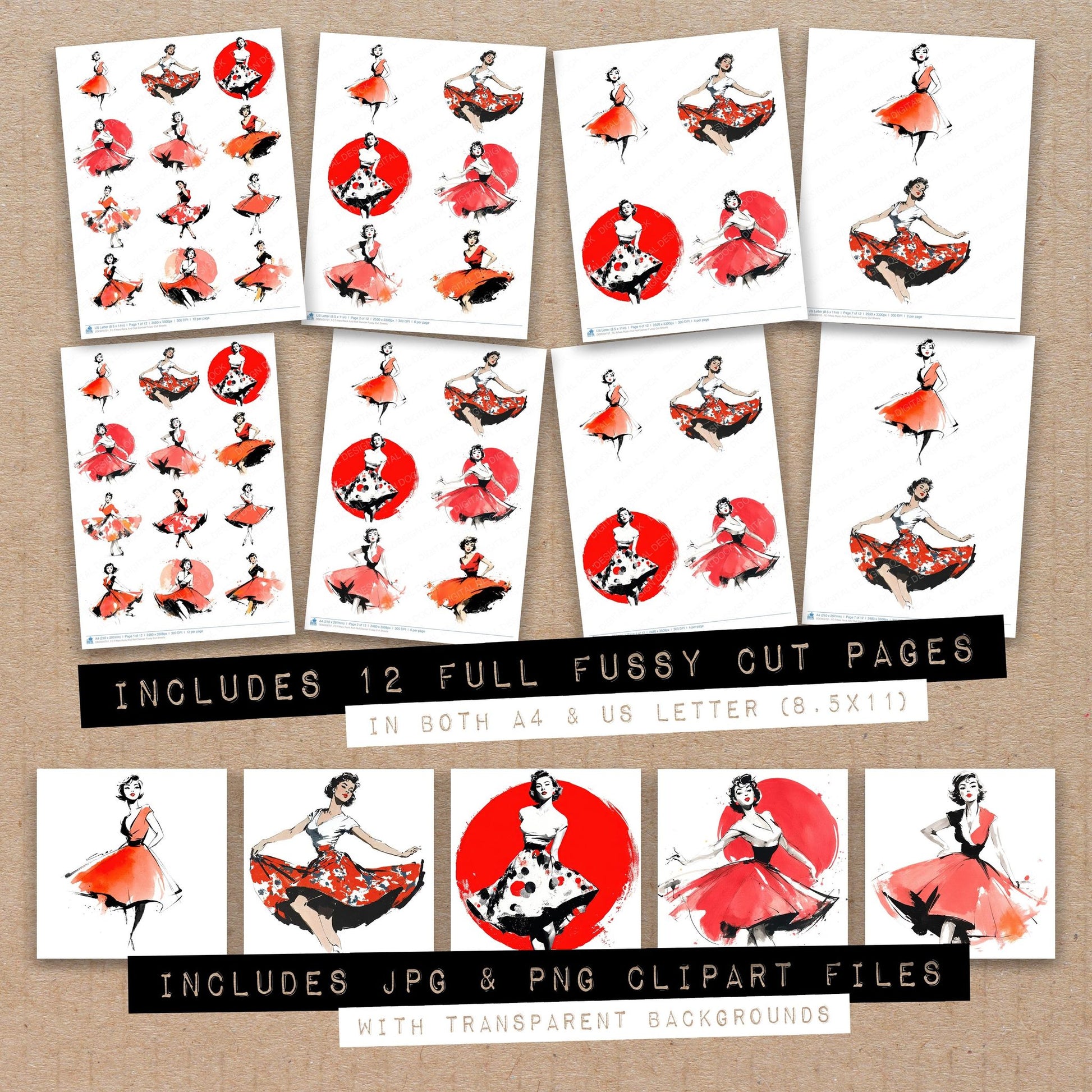 Full collection view of Fifties Rock And Roll Dancer fussy cut sheets with bonus clipart JPG and PNG files
