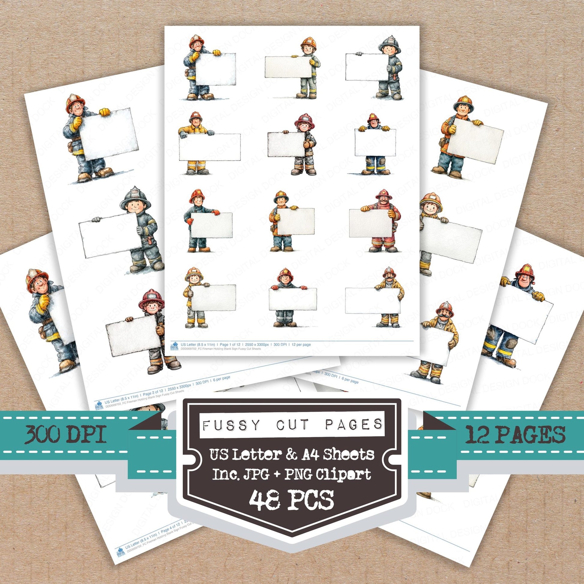 Fireman Holding Blank Sign fussy cut printable sheets for junk journaling, scrapbooking, and paper craft projects