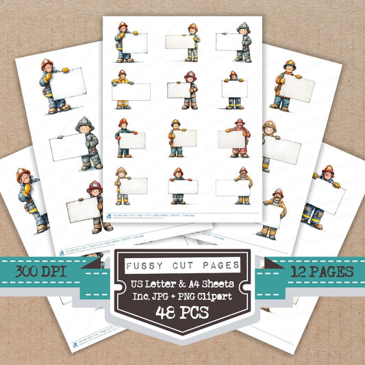Fireman Holding Blank Sign fussy cut printable sheets for junk journaling, scrapbooking, and paper craft projects
