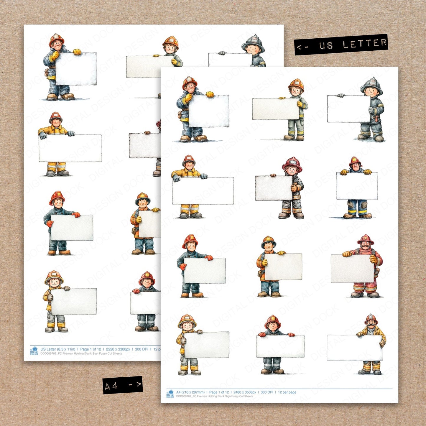 A4 and US Letter format comparison showing Fireman Holding Blank Sign fussy cut pages for print and cut crafting