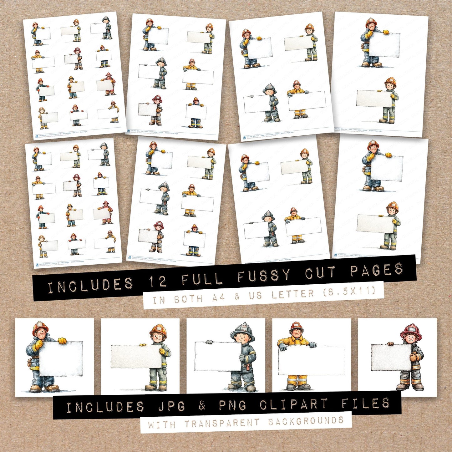 Full collection view of Fireman Holding Blank Sign fussy cut sheets with bonus clipart JPG and PNG files