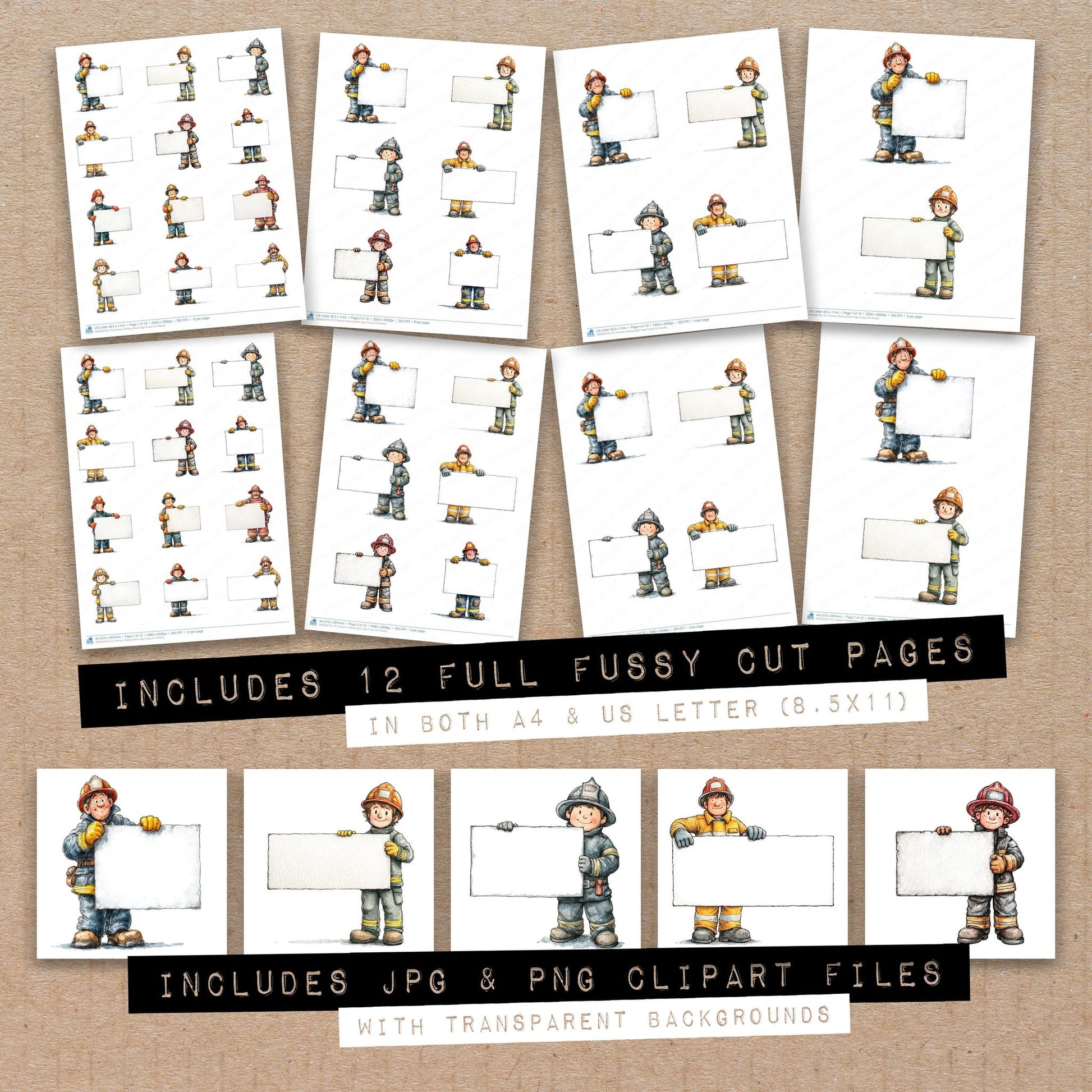 Full collection view of Fireman Holding Blank Sign fussy cut sheets with bonus clipart JPG and PNG files
