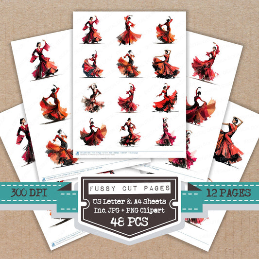 Flamenco Dancer Woman fussy cut printable sheets for junk journaling, scrapbooking, and paper craft projects
