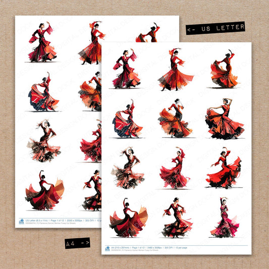A4 and US Letter format comparison showing Flamenco Dancer Woman fussy cut pages for print and cut crafting