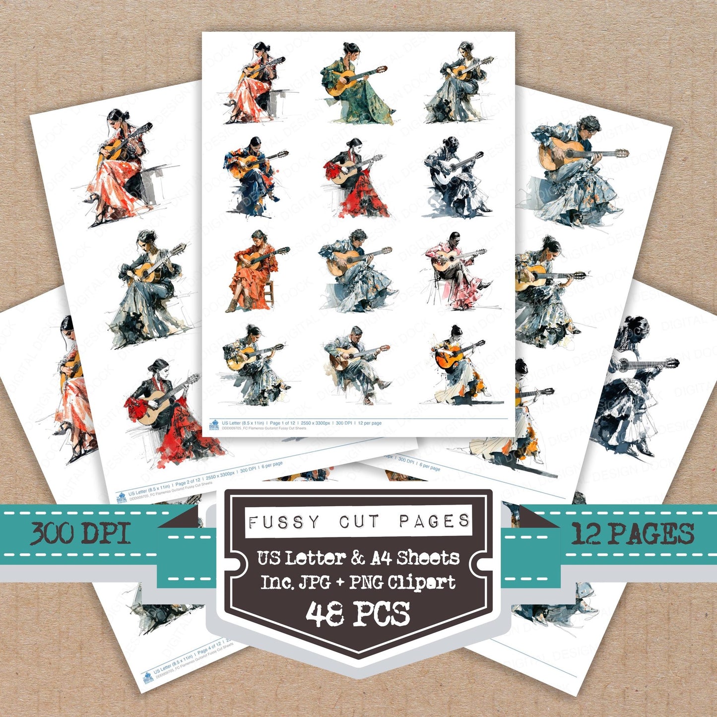 Flamenco Guitarist fussy cut printable sheets for junk journaling, scrapbooking, and paper craft projects