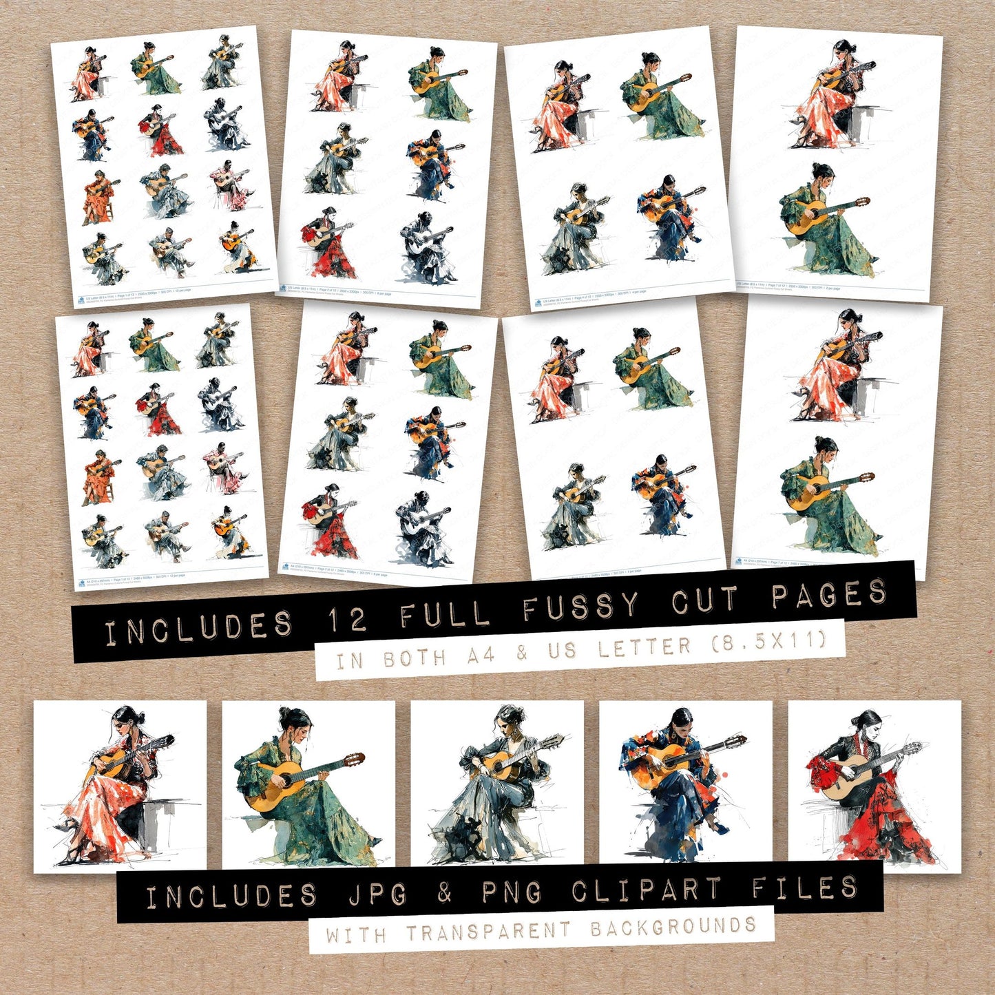 Full collection view of Flamenco Guitarist fussy cut sheets with bonus clipart JPG and PNG files