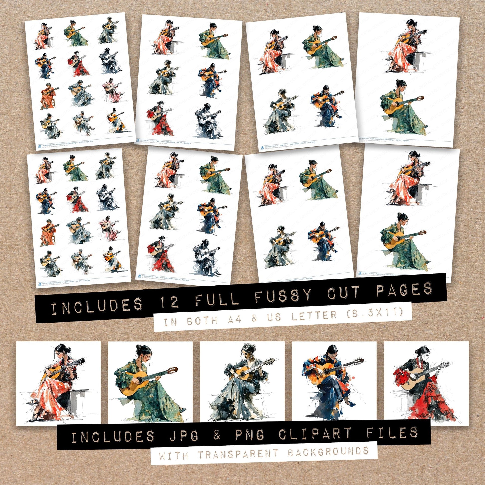 Full collection view of Flamenco Guitarist fussy cut sheets with bonus clipart JPG and PNG files