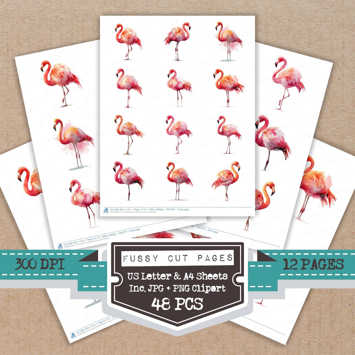 Flamingo Bird Illustration fussy cut printable sheets for junk journaling, scrapbooking, and paper craft projects